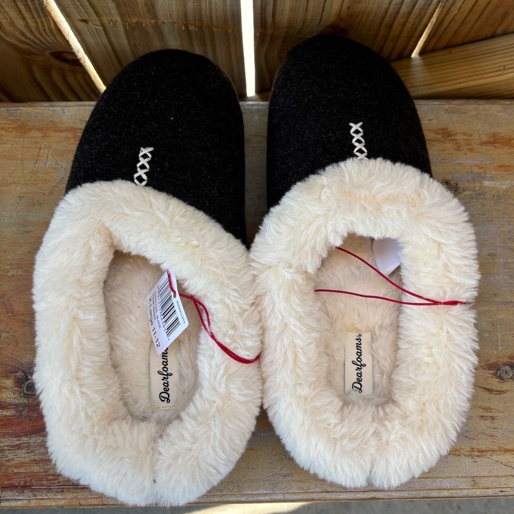 New Dearfoams Fleece Lined Black & Cream Slippers Size X-Large 11-12
